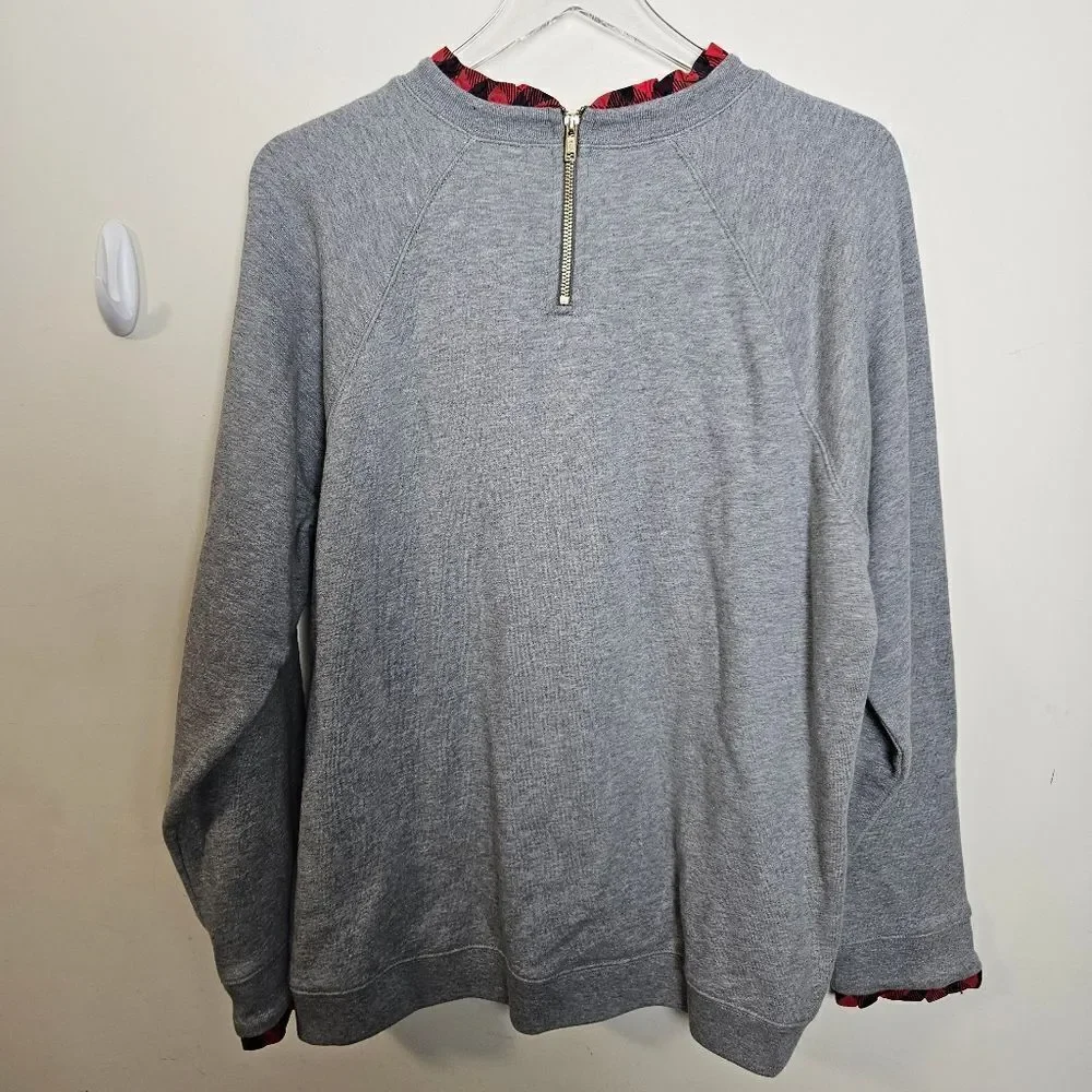 J Crew HO273 Ruffleneck Pullover Sweatshirt 2X Grey Plaid Trim Holiday